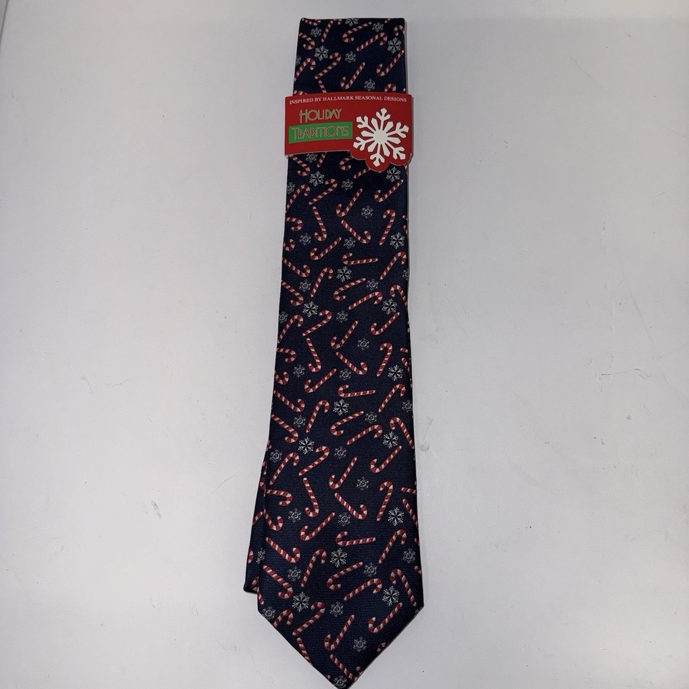 Hallmark Holiday Traditions Christmas Tie Candy Canes Snowflakes Navy NWT